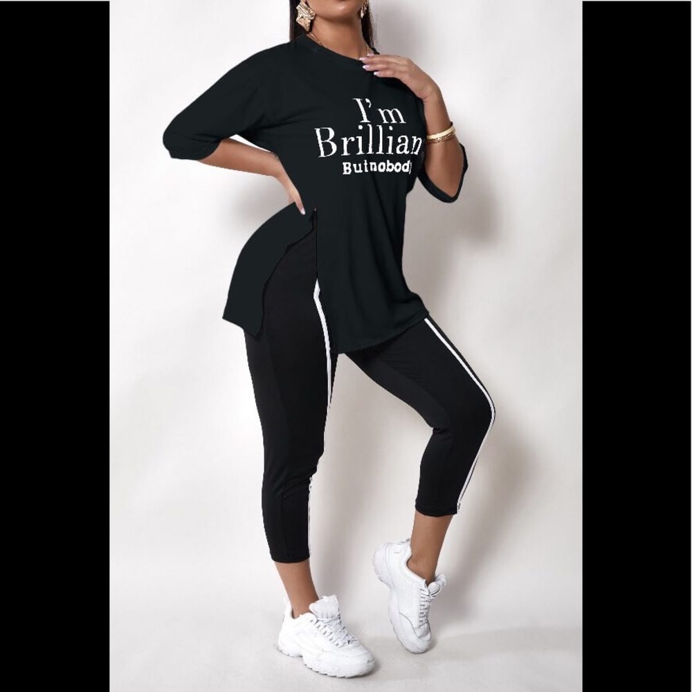 Im Brilliant But Nobody Short Sleeve W/Side Split Shirt & Legging 2Pc Outfit